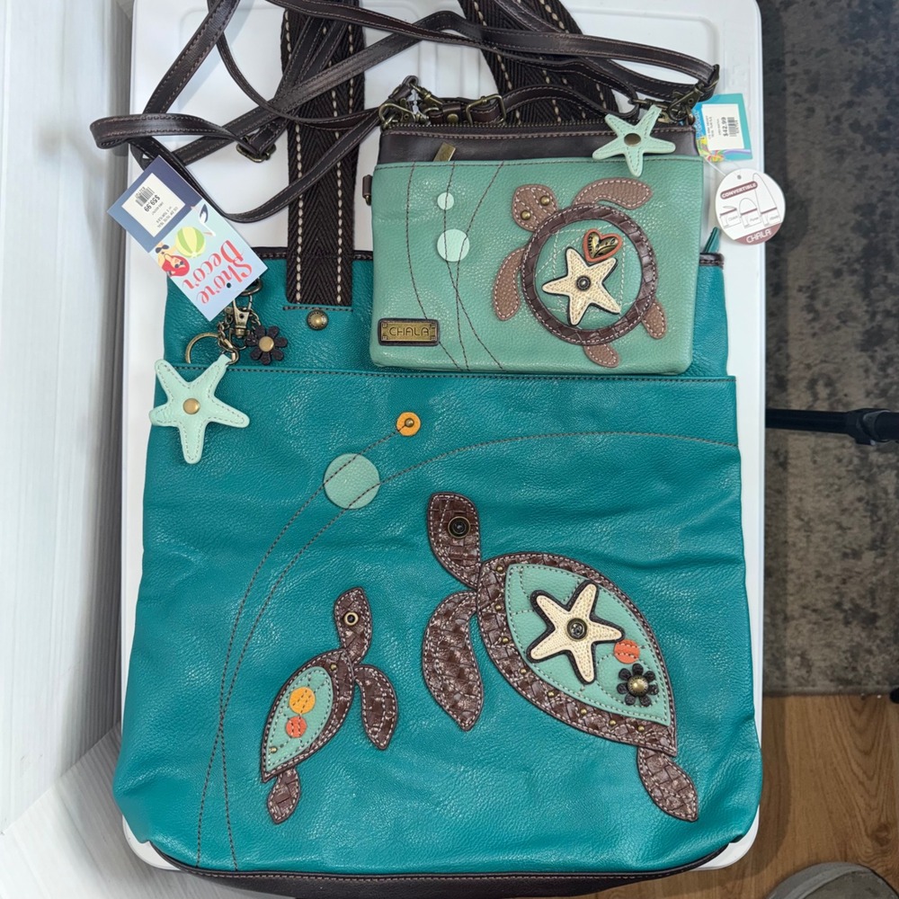 Chala Sea Turtle Tote and Mini Crossbody Set Teal Vegan‎ Leather Nautical NWT